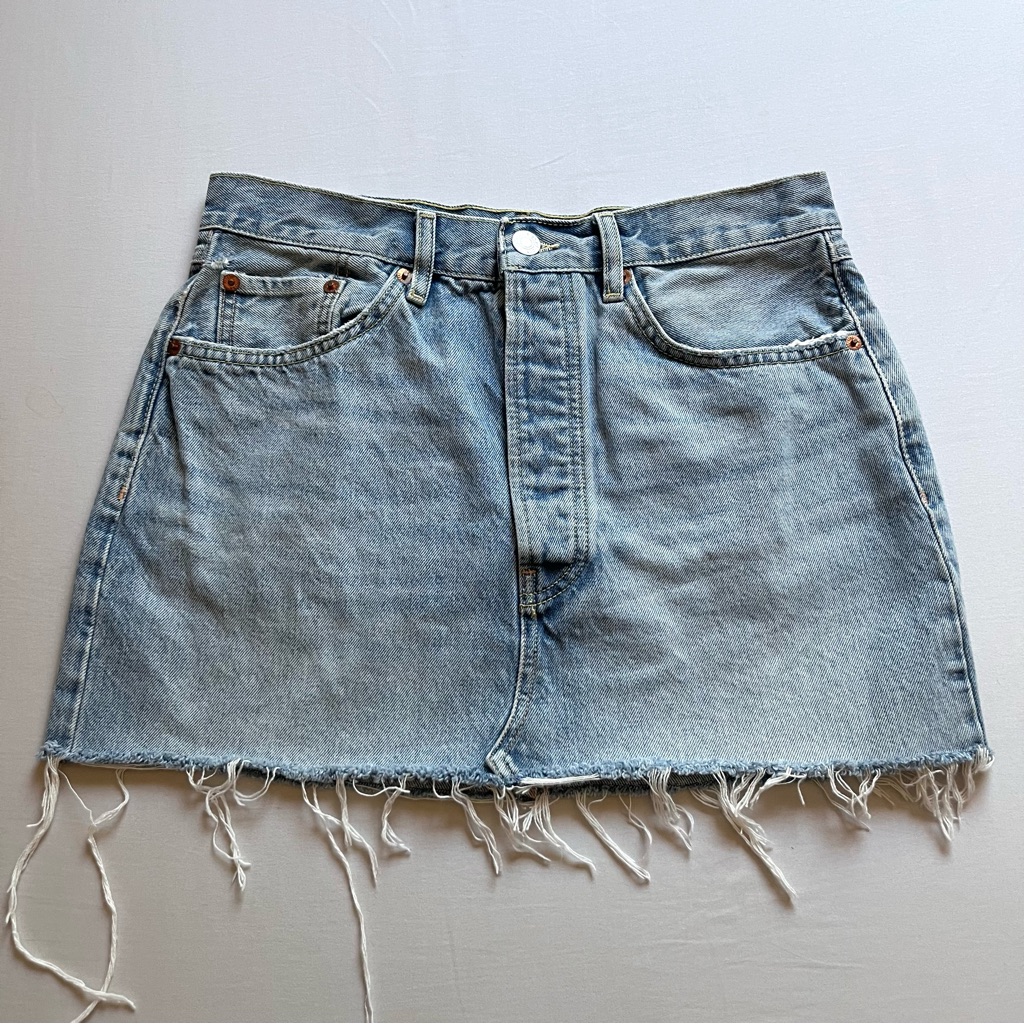 Re/Done Light Blue Cotton Denim Jean Fray Raw Hem Mini Skirt